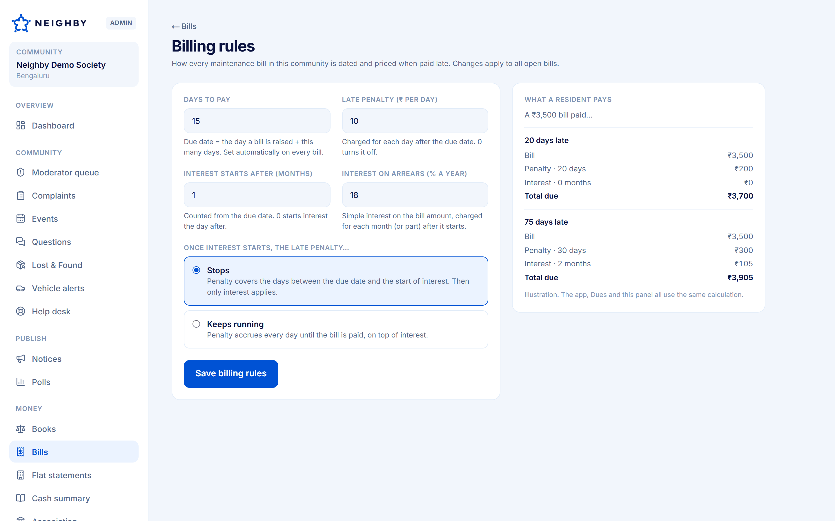 Billing rules in the Neighby admin panel